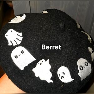 Black Beret with White Ghost Pattern